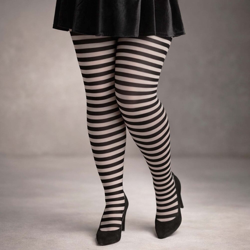 Plus Striped Opaque Tights Womens 1x/2x 3x/4x Black-White Novelty Hosiery